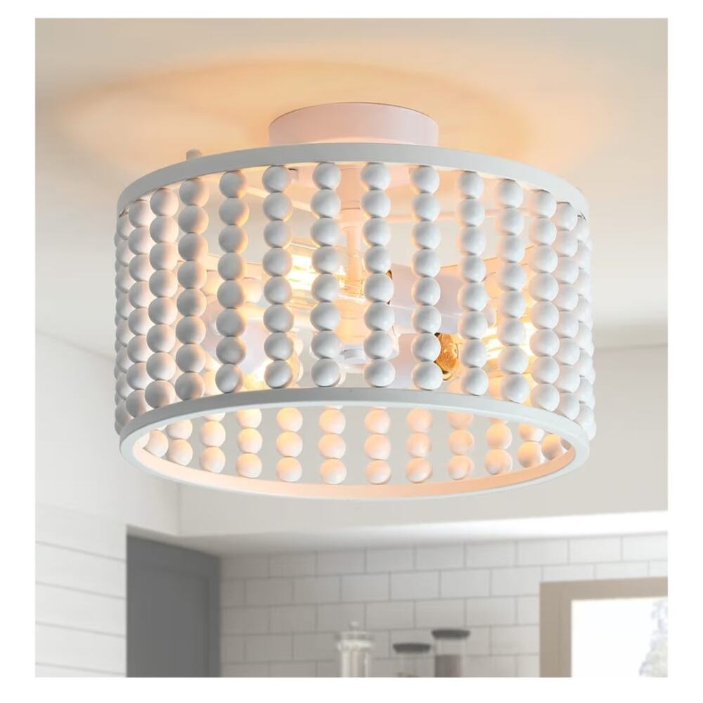 Tewei Wood Bead Chandelier White Boho Semi Flush Mount Ceiling Light